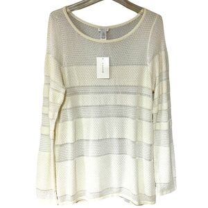 NWT Caché Ivory Open Knit Stripe Sheer Back Sweater Sz XL